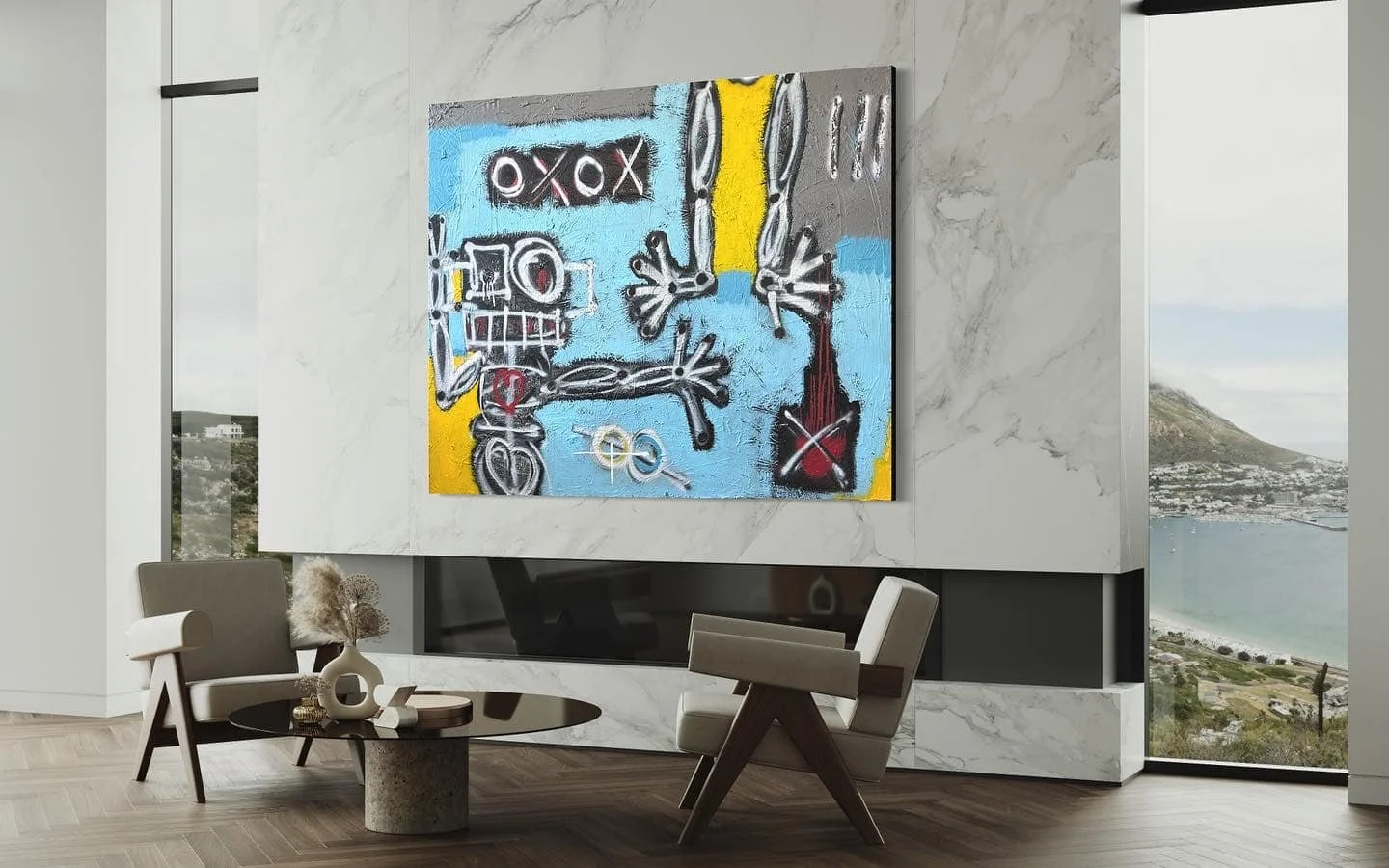 Between Frequencies: 60 x 48 in | Acrylic, spray paint, oil stick, and mixed media on canvas