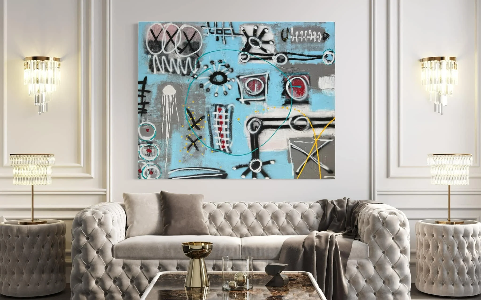 Transmission: 60 x 48 in | Acrylic, spray paint, oil stick, and mixed media on canvas