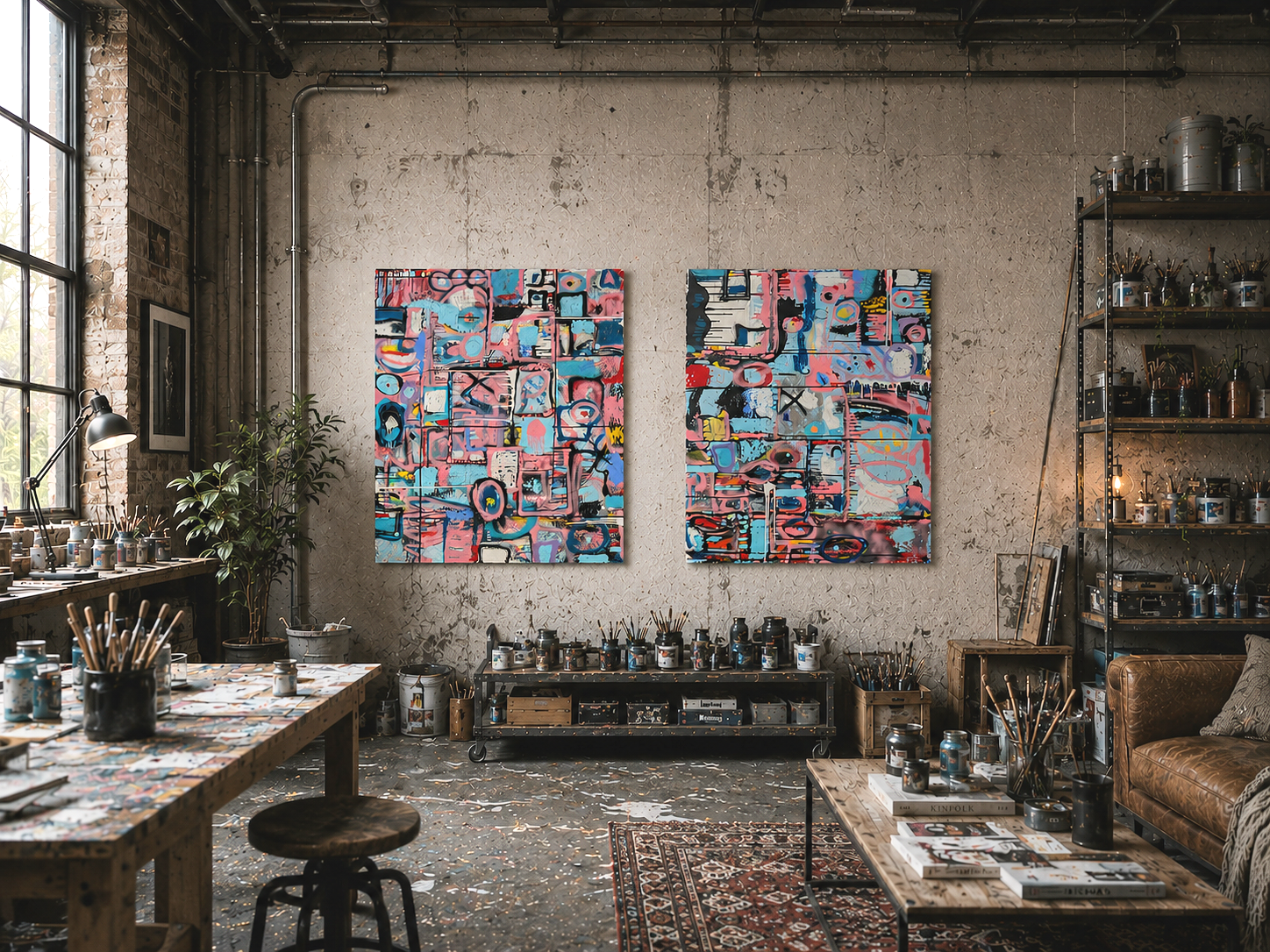 Debutante Graffiti II & III by Christopher Durst, a large-scale abstract diptych with pastel color, layered symbols, graphic forms, and gestural markings.