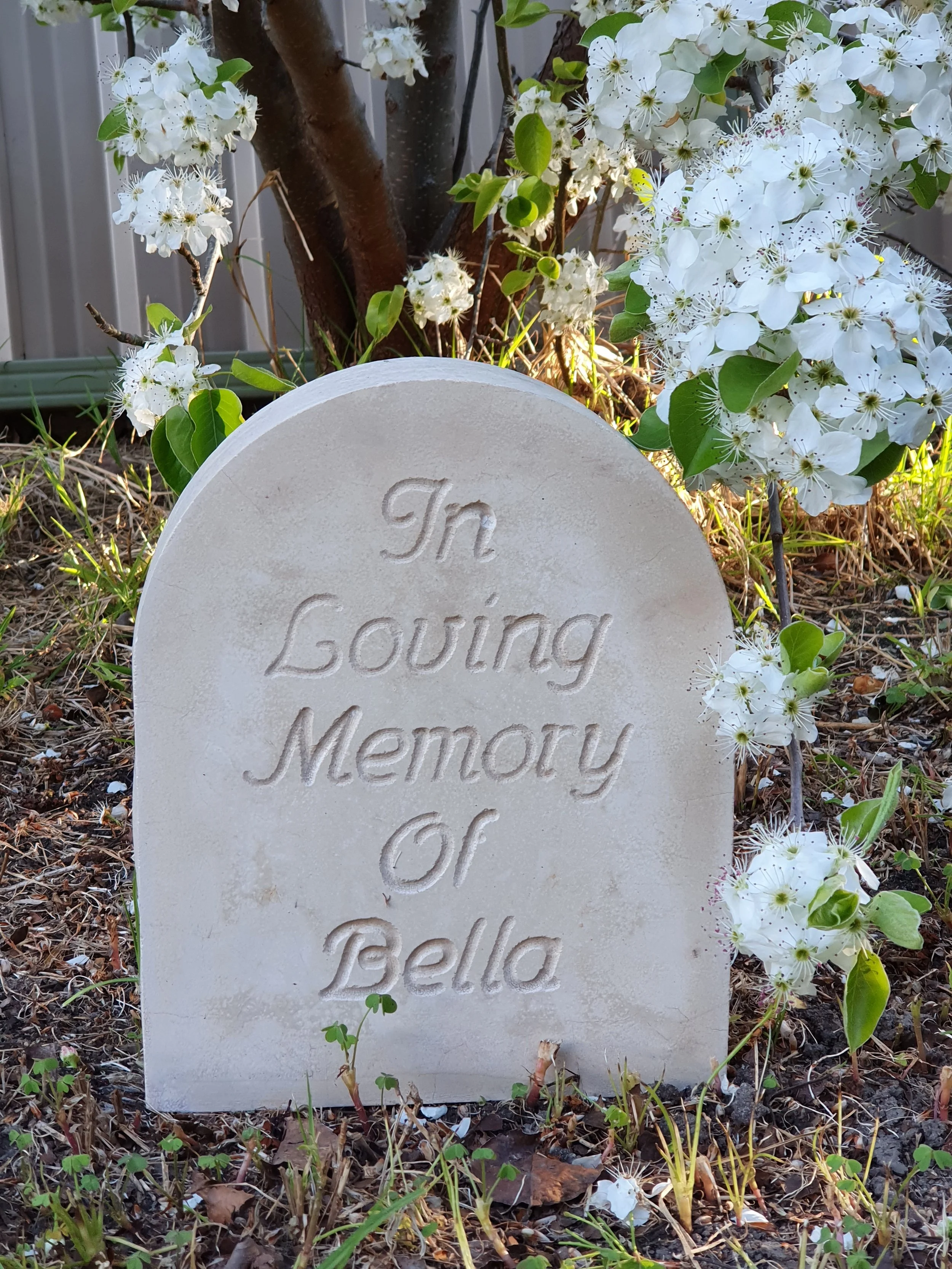 A memorial concrete stone with the inscribed words 'In Loving Memory of Bella'.