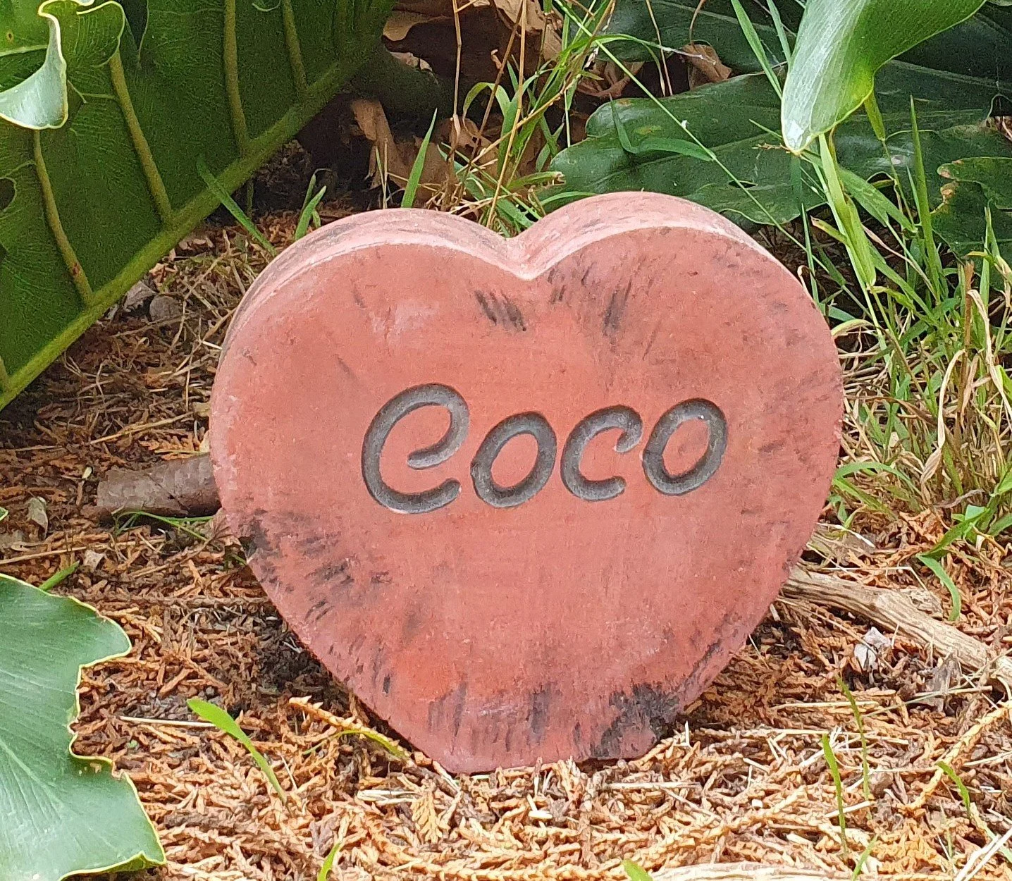 Small engraved concrete heart for a pet called Coco.