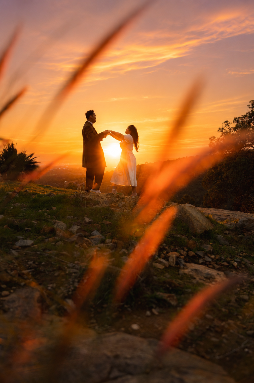 A couple holding hands during sunset, with the sun setting over a scenic landscape, framed by blurred grass in the foreground.
