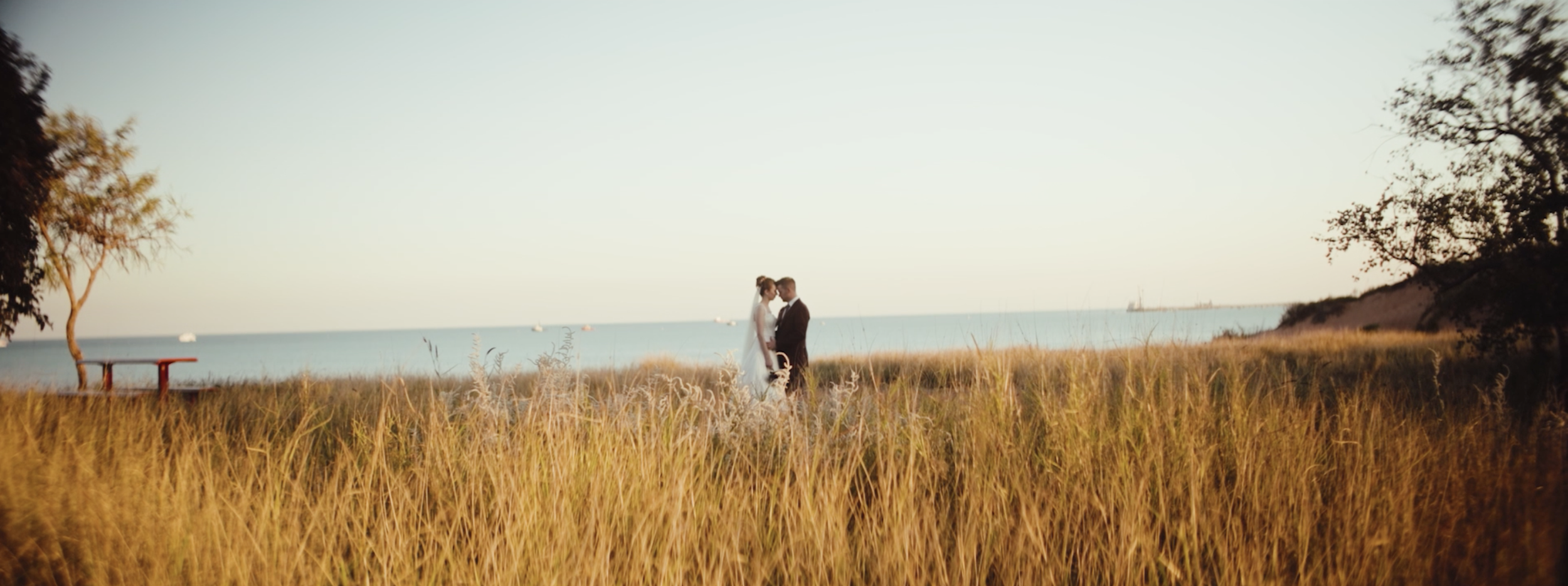 A bride and groom stand close together on a grassy field near the beach, facing each other in wedding attire with the ocean and boats in the background on a clear day.