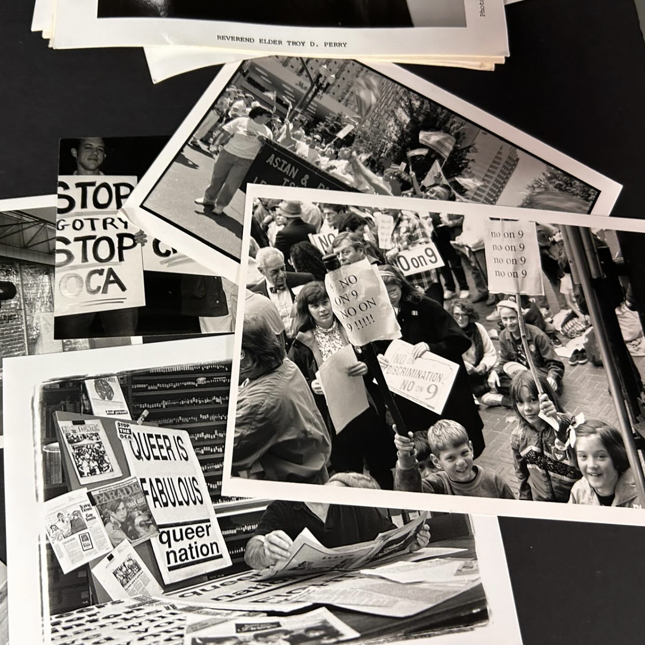 A collection of black-and-white photographs depicting protest scenes, including people holding signs with messages like "No on 9" and "Stop Discrimination," with some individuals sitting on the ground and others marching in the streets.