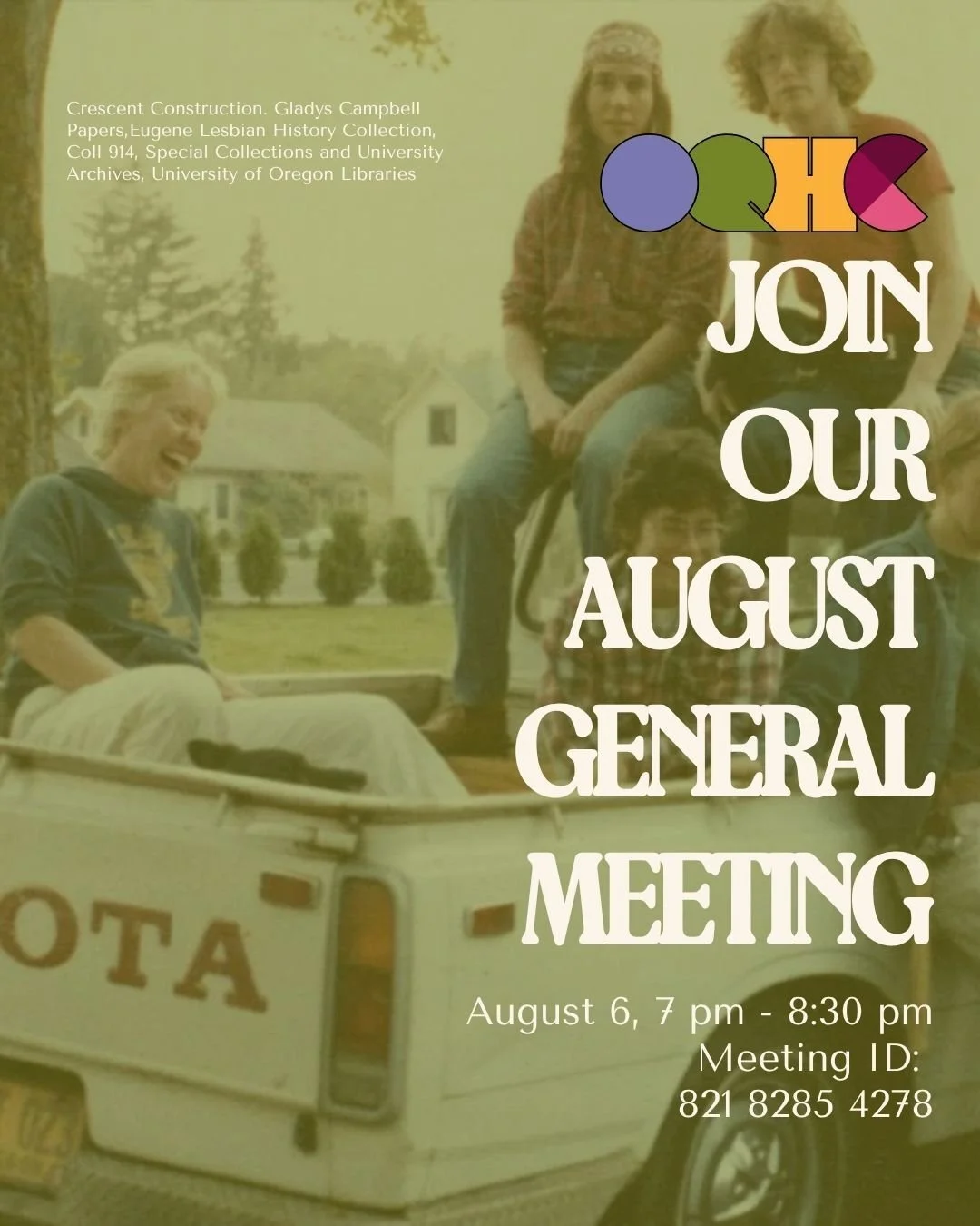 Join us next week, August 6, for our August General Meeting! All are welcome to attend! 

Our agenda items include: 
1. introductions (anyone have a fun icebreaker for us?) 
2. a brief get to know oqhc for any new folks joining for the first time 
3.