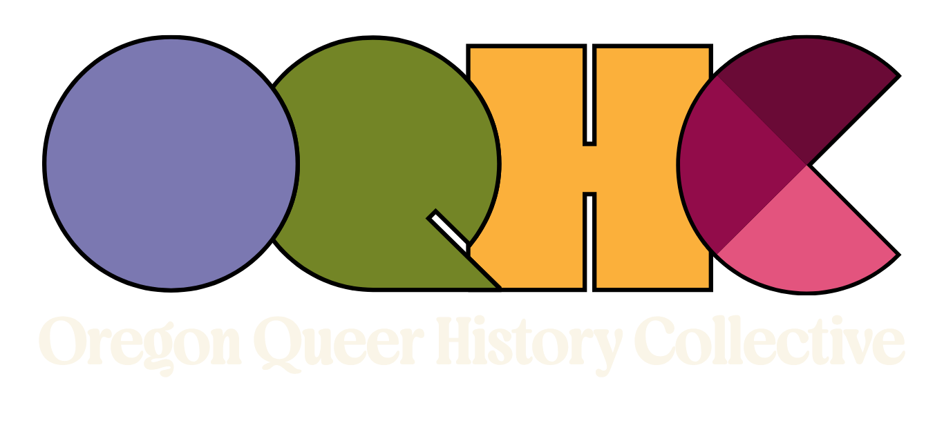 Logo for Oregon Queer History Collective with the acronym 'OQHC' in large, colorful letters and the full name below in white text.