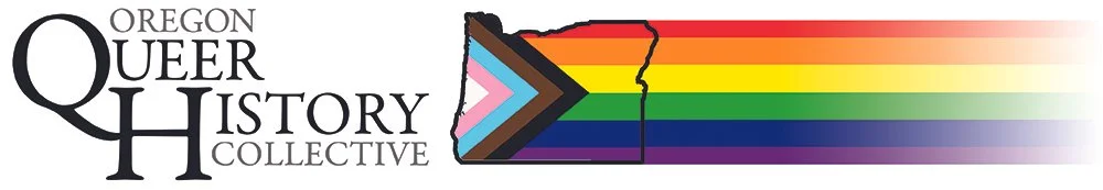 Logo for Oregon Queer History Collective with a rainbow-colored arrow pointing right through the outline of Oregon state.