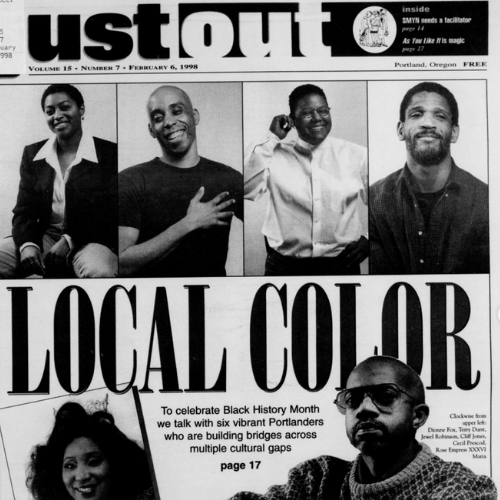 Black and white community newspaper cover featuring six Portlanders celebrating Black History Month, with a large headline 'Local Color' and a message about building bridges across cultural gaps.