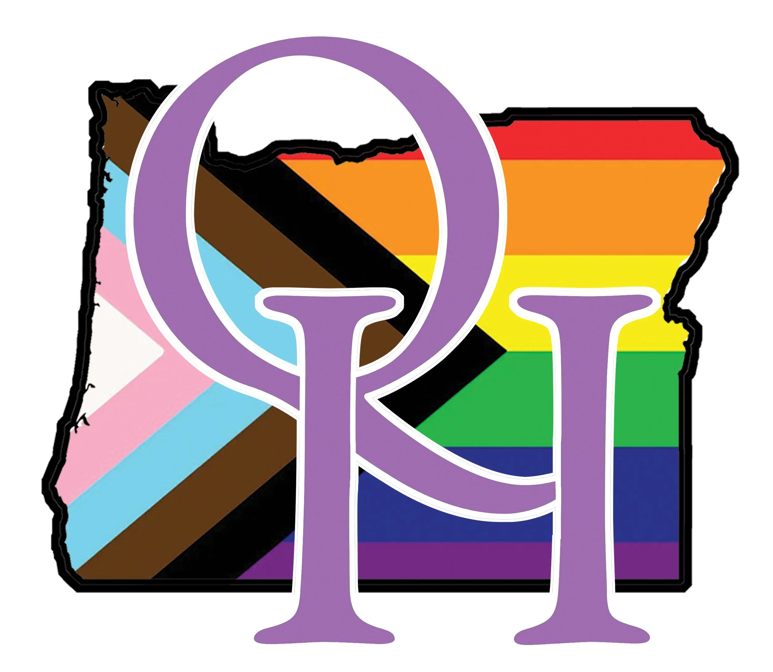 A stylized outline of the state of Arizona filled with the rainbow pride flag pattern, with a large purple peace sign overlapping part of it.