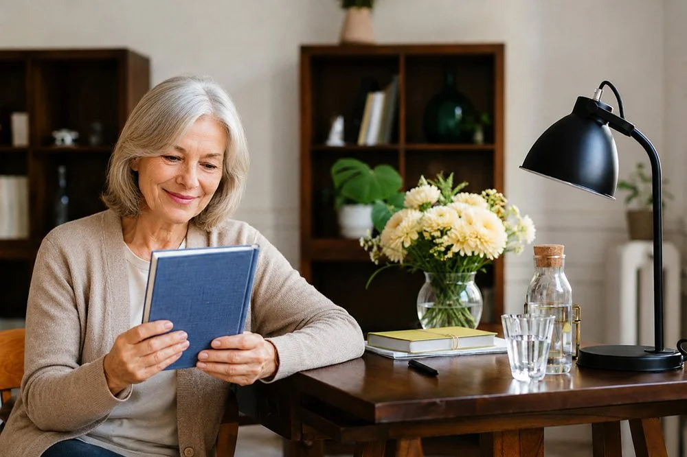 Older woman holding story book smiling
