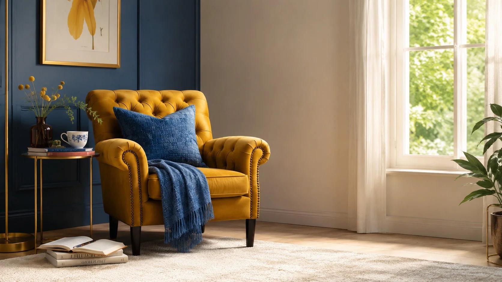 Yellow chair by wall