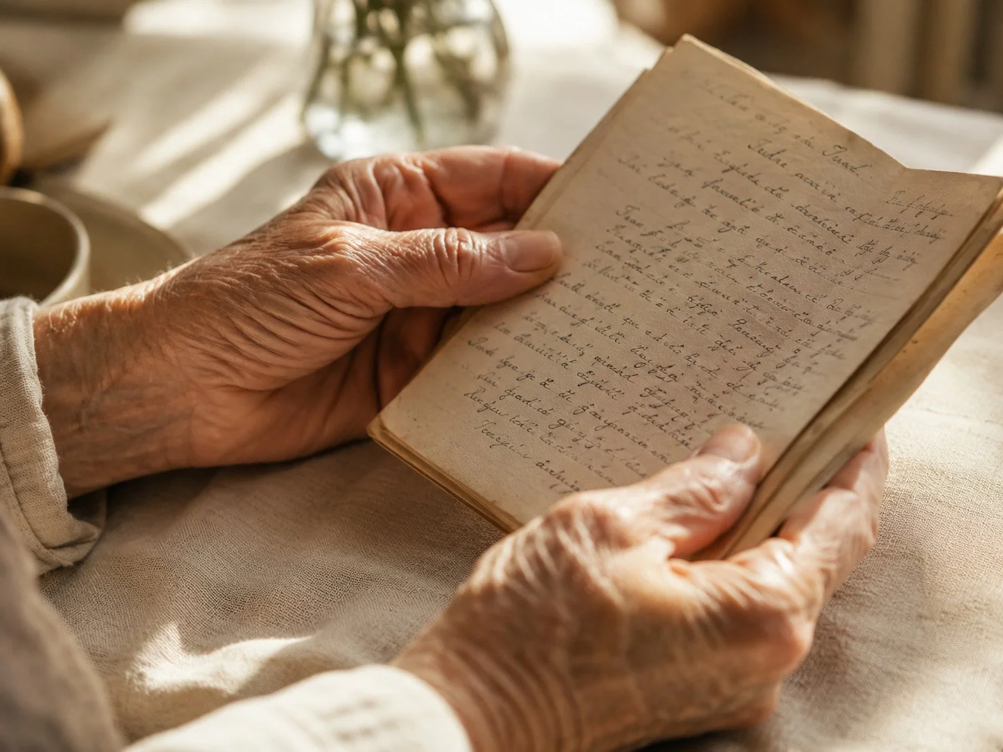 An elderly person's hands holding an open, handwritten journal with cursive text, sitting at a table with a vase of flowers in the background.