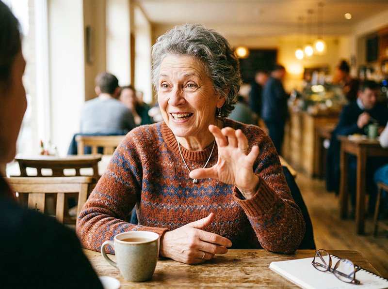 Older woman mid-conversation
