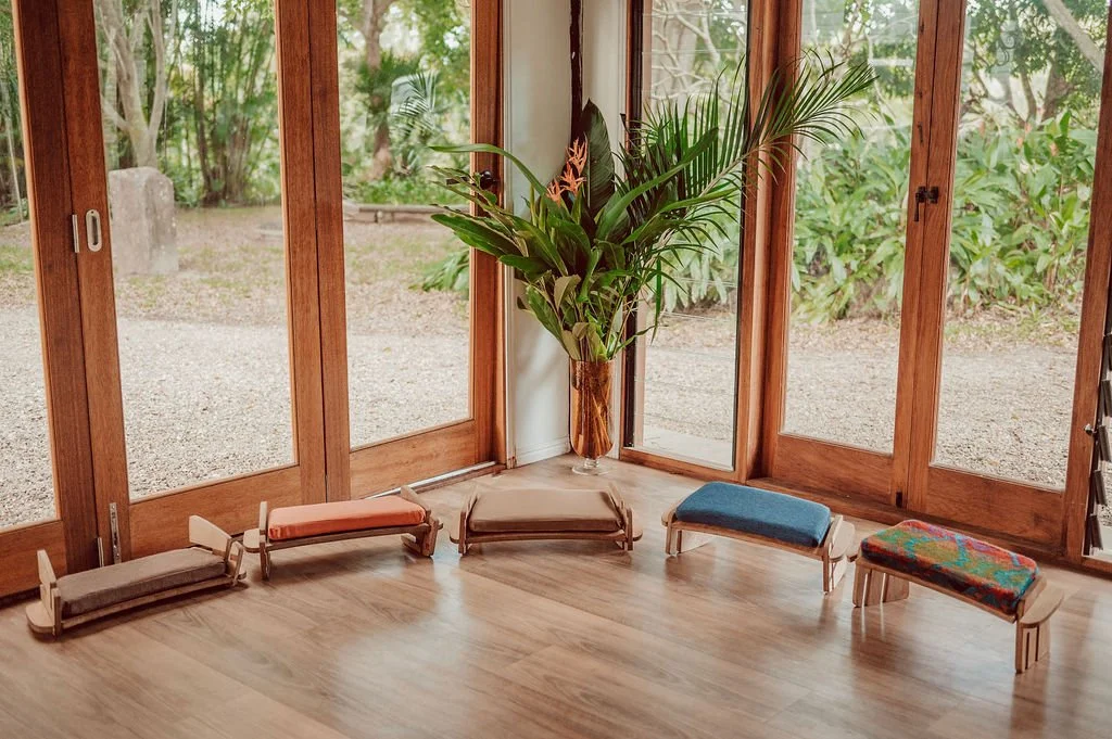 A cozy indoor space with a potted plant and five small wooden benches with colorful cushions, set against a backdrop of large glass doors revealing a garden outside.