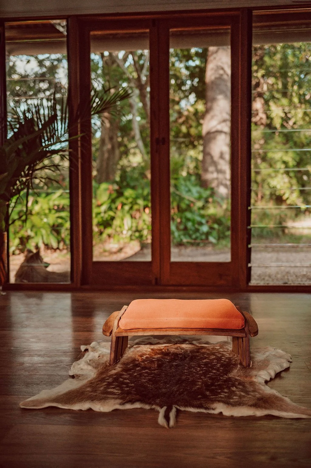 A cozy interior with wooden floors and sliding glass doors revealing a lush green garden outside. In the center, there is a small wooden bench with an orange cushion placed on a cowhide rug.