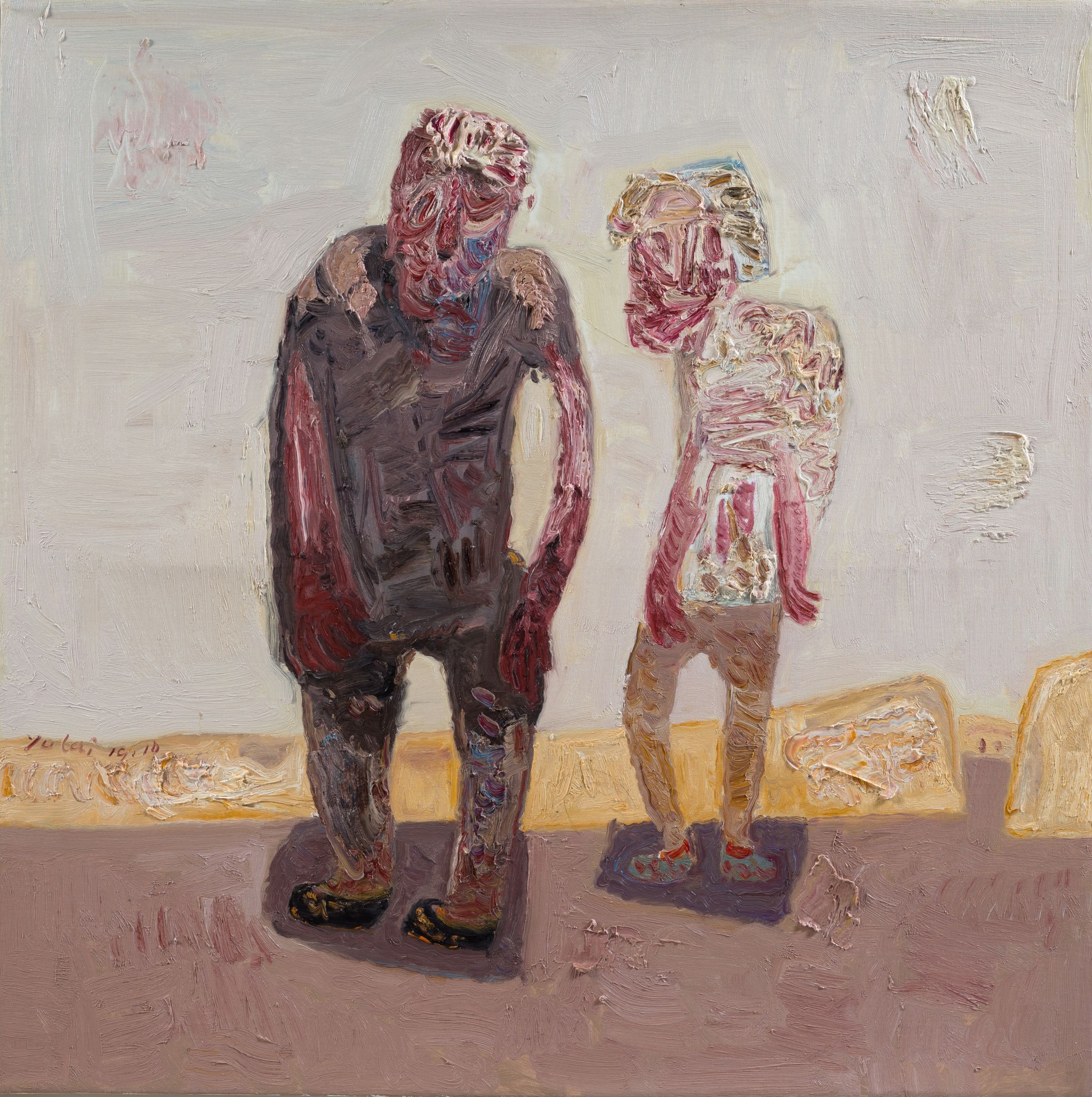 《兩尊雕塑》
100 x 100 公分，布面油畫，2019年