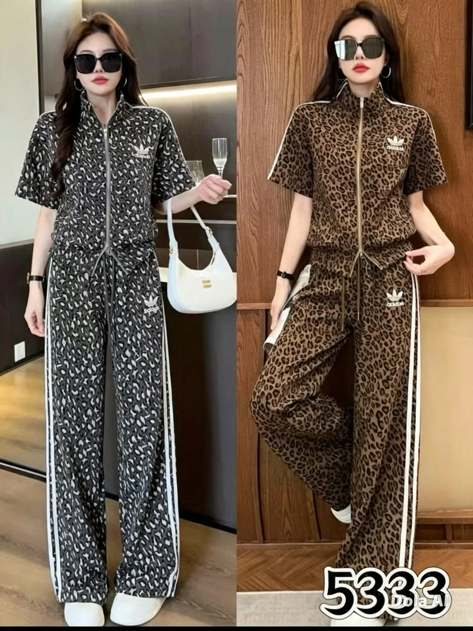 Women’s 2-Piece Short-Sleeve Leopard Tracksuit Set