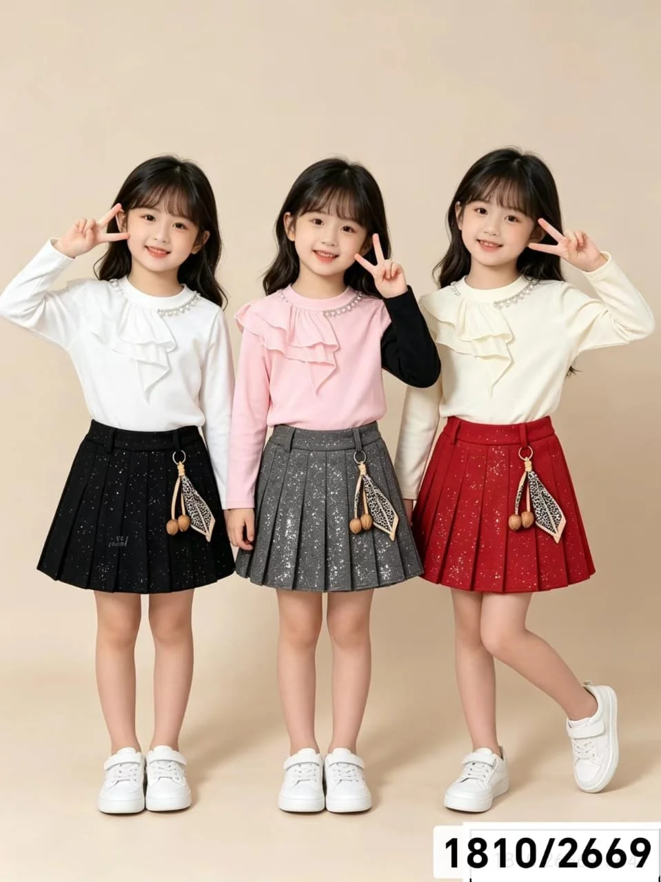 ​Girls' Pearl-Trimmed Asymmetrical Ruffle Long-Sleeve Top & Metallic Pleated Skirt 2-Piece Set with Charm Accent