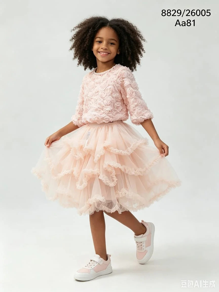 Girls’ 3D Rosette & Tulle Set – Pearl-Trimmed Top with Tiered Ruffle Skirt