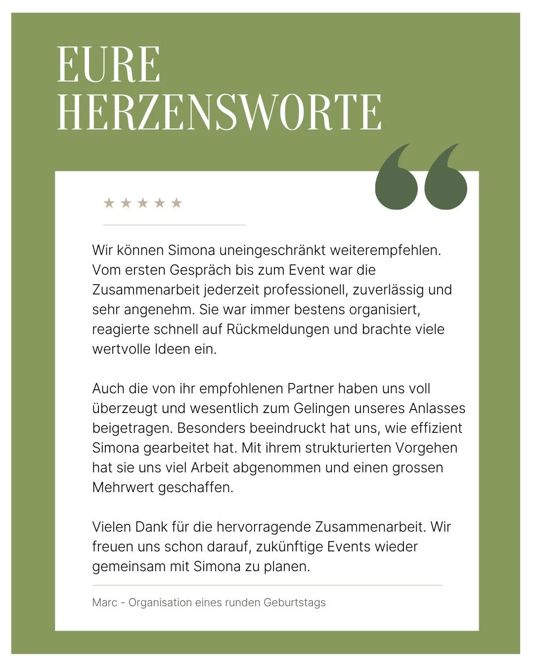 Das beste Kompliment nach einem Event? Wenn der Kunde sagt: &bdquo;Es war einfach alles perfekt.&ldquo; 🤍 Danke, Marc, f&uuml;r dein tolles Feedback zum organisierten runden Geburtstag!