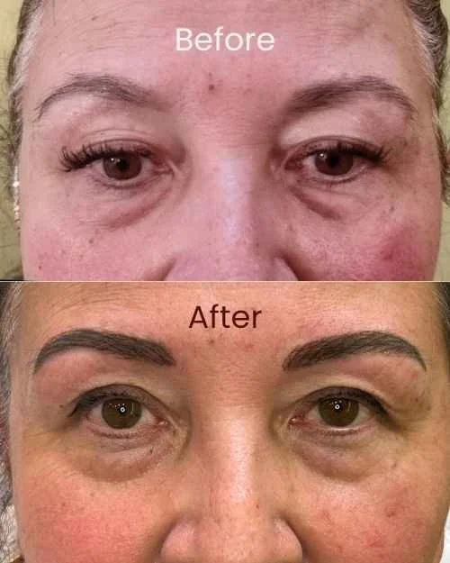 Before and after close-up photos of a woman's eyes showing PMU eyebrow enhancement, with the eyebrows appearing fuller and more defined in the after image.
