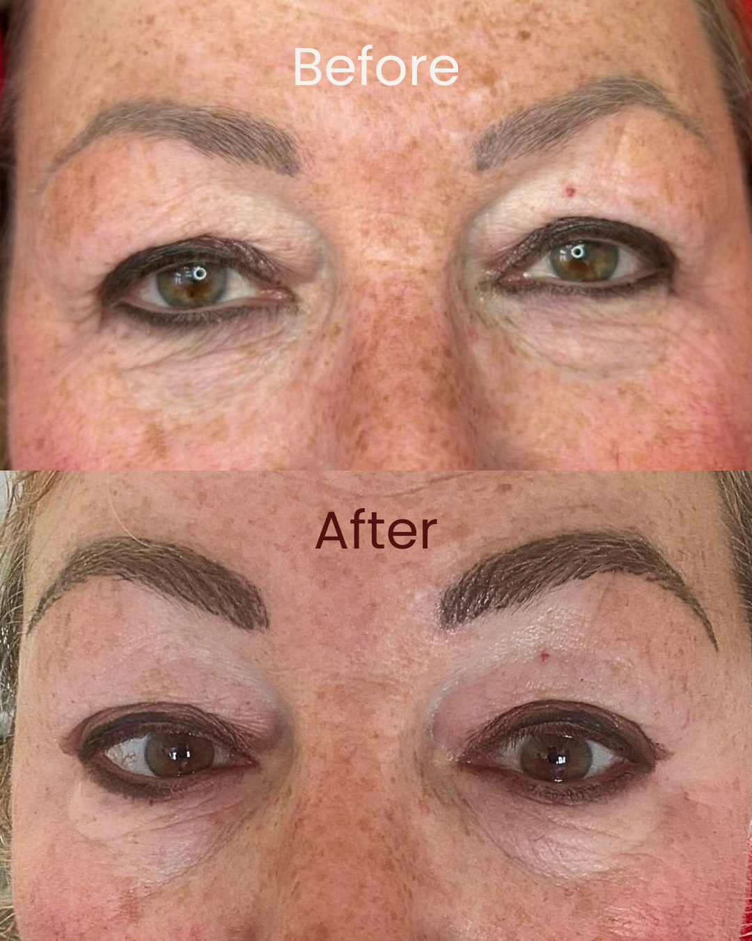 Before and after close-up photos of a woman's eyes showing PMU eyebrow enhancement, with the eyebrows appearing fuller and more defined in the after image.