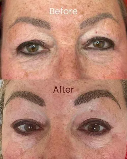 Before and after close-up photos of a woman's eyes showing PMU eyebrow enhancement, with the eyebrows appearing fuller and more defined in the after image.