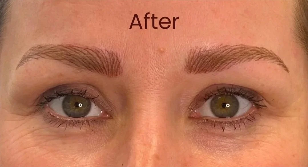 Close-up of a client's face showing her after her Nano brows treatment, with much fuller, defined brows.