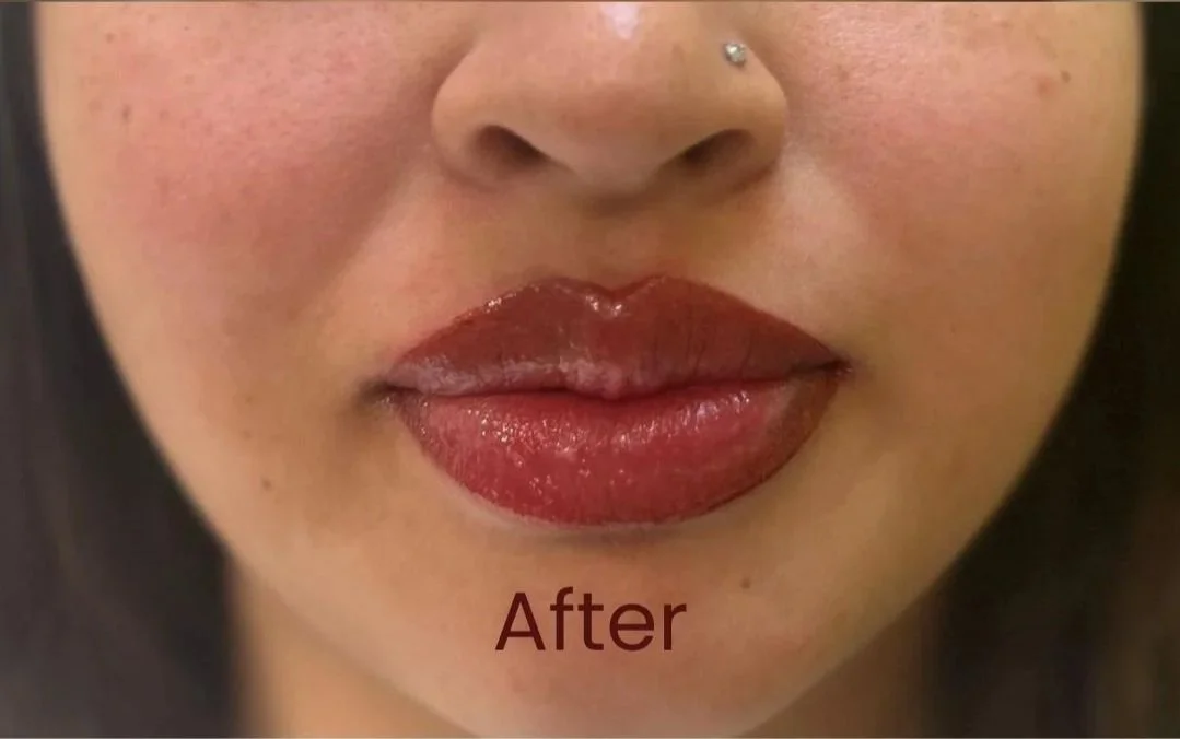 Close-up of client's lips after to undergoing a full lip PMU treatment with much fuller, brighter lips.