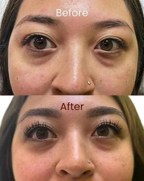 Close up of the before and after of a customers brow PMU treatment showing much fuller and more defined brows