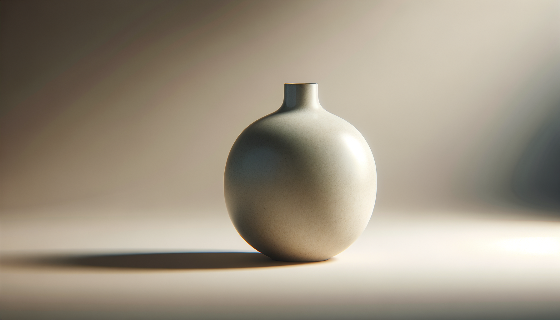 A minimalist ceramic vase with a round body and narrow neck, placed on a flat surface with soft lighting and blurred background.
