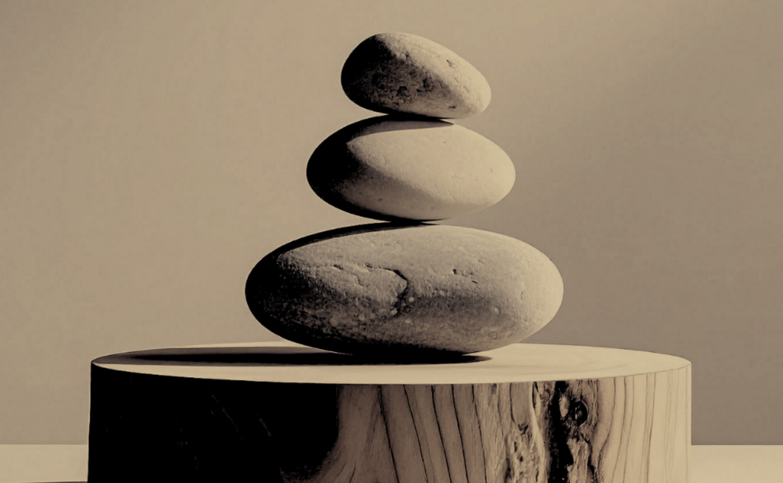 Four smooth stones balanced on top of a circular wooden base, commonly used to express relaxation, meditation and balance.