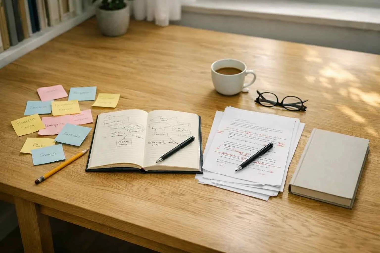 Manuskonsulent - arbeidsbord med notater