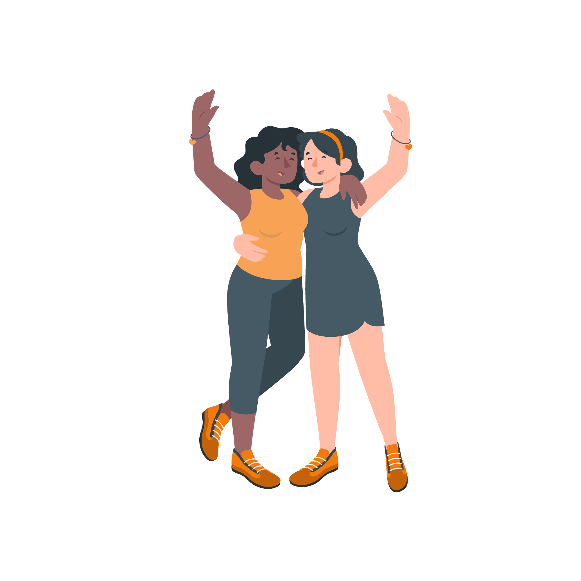 Deux jeunes femmes souriantes dansent ensemble, l'une avec la peau foncée et cheveux bouclés, l'autre avec la peau claire et cheveux longs, portant une robe noire et des baskets orange.