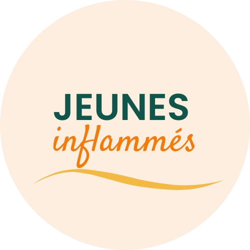 Logo avec le texte 'JEUNES infammés' dans un cercle clair