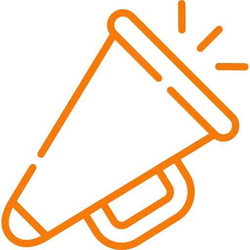 Icône de haut-parleur ou mégaphone orange avec des lignes indiquant un son ou une amplification.