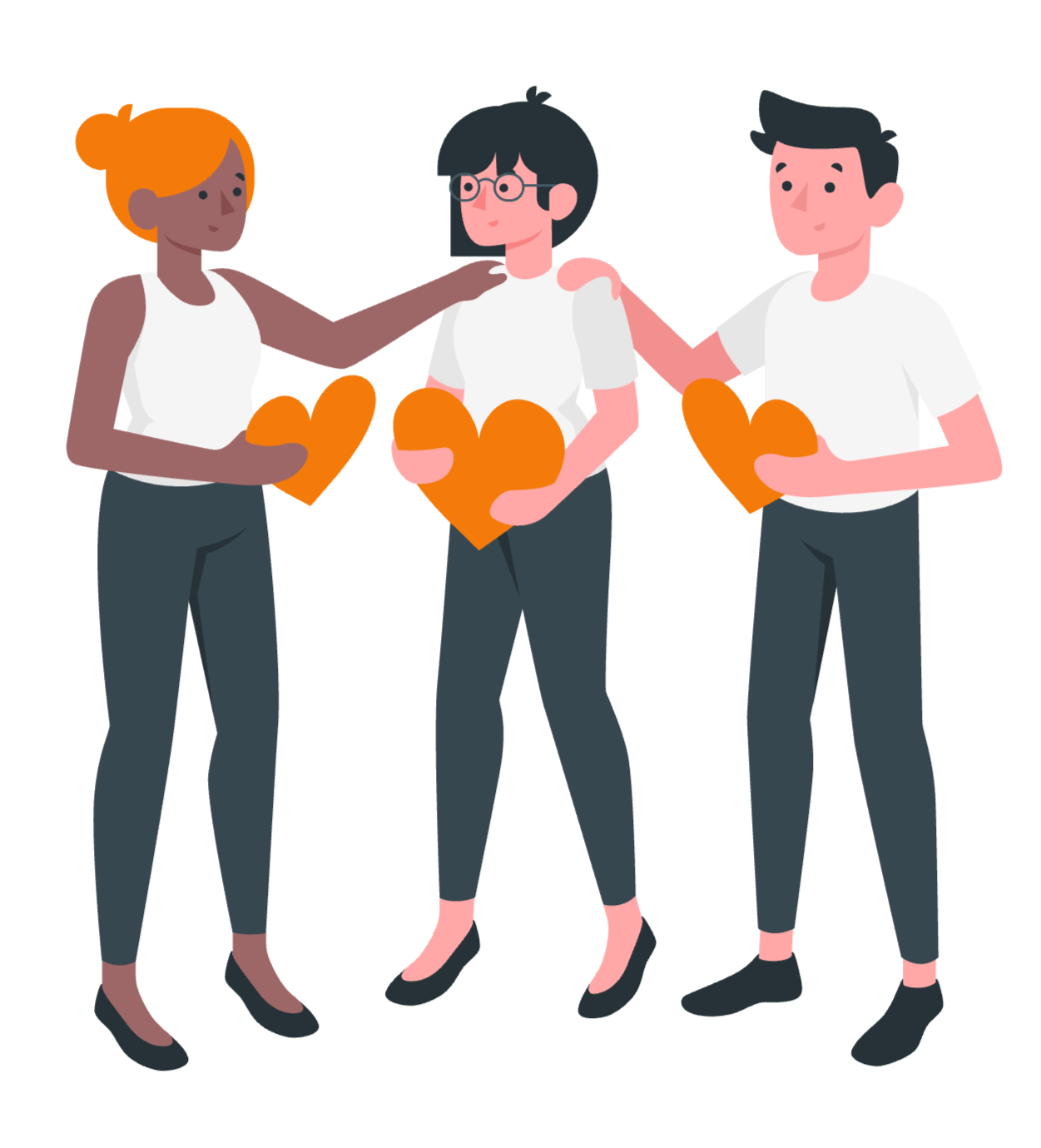 Trois personnes tiennent des cœurs en orange, symbole d'amour ou de soutien, lors d'une manifestation ou d'un événement communautaire.