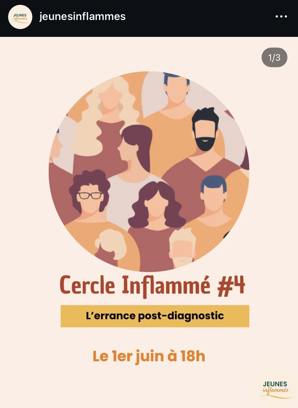 Illustration de plusieurs personnes formant un cercle, représentant un groupe diversifié. Texte : "Cercle Inflammé #4, L'errance post-diagnostic, Le 1er juin à 18h".