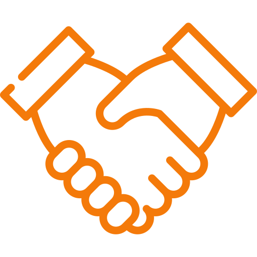 Illustration d'une poignée de main en ligne orange, symbolisant la coopération ou l'accord.