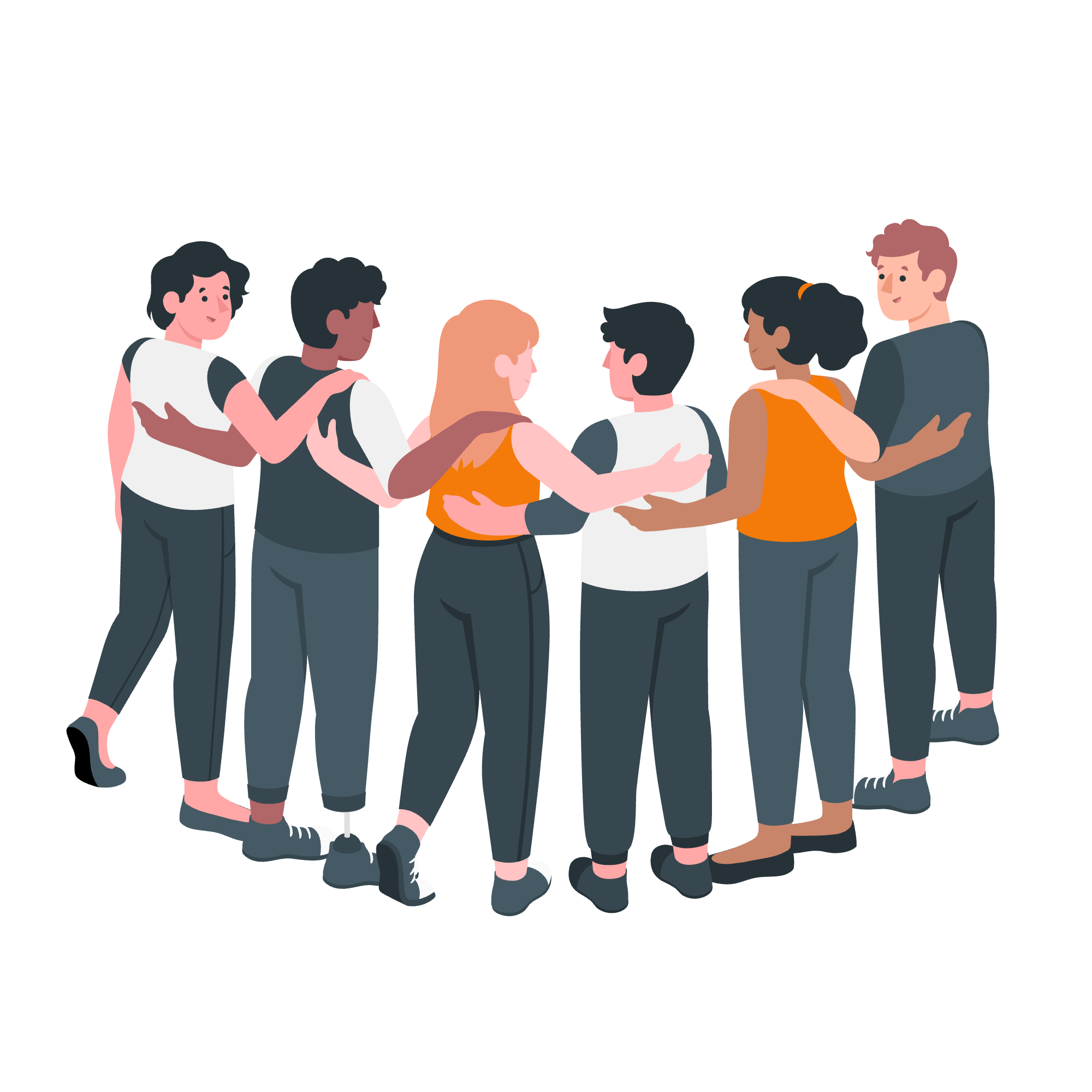 Groupe de personnes qui s'enlacent et discutent, vêtues de t-shirts et vêtements décontractés.
