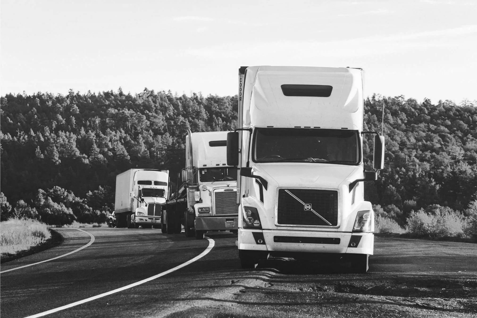 Fleet of commercial semi-trucks traveling on a highway, highlighting commercial truck insurance solutions for transportation companies.