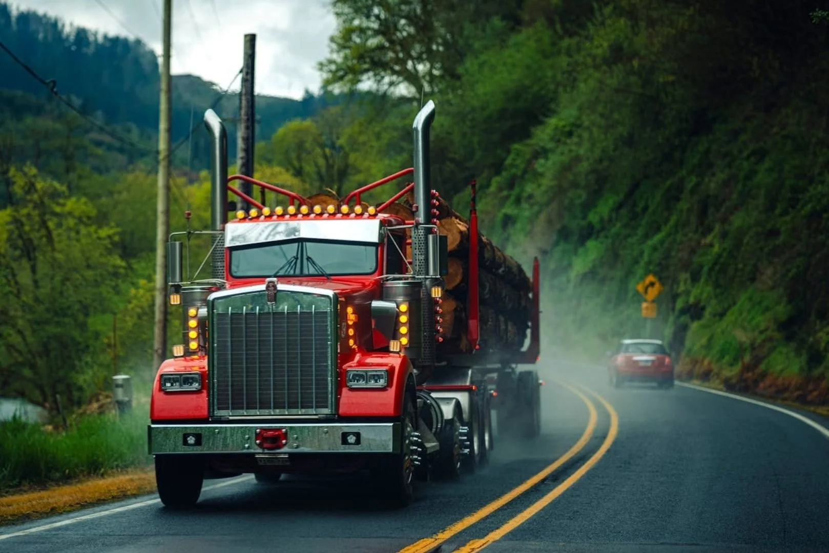 Red semi-truck hauling logs on a rural highway, representing reliable trucking insurance solutions for commercial transportation businesses.