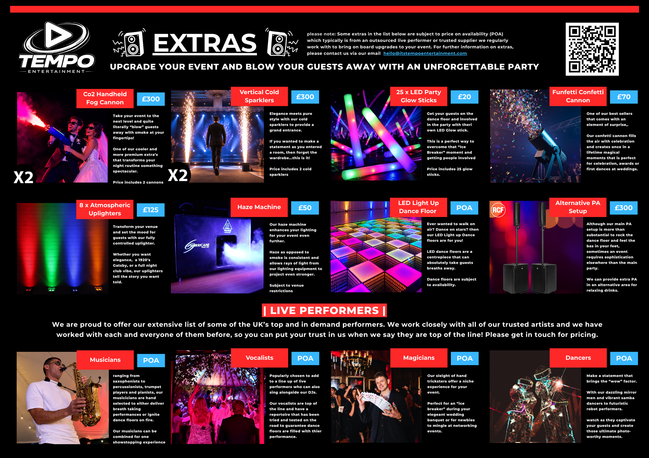 A promotional flyer for Tempo Entertainment showcasing various event extras and performers with descriptions and prices, including fireworks cannons, LED glow sticks, atmospheric uplighters, haze machine, live performers such as musicians, vocalists, magicians, dancers, and other entertainment options.