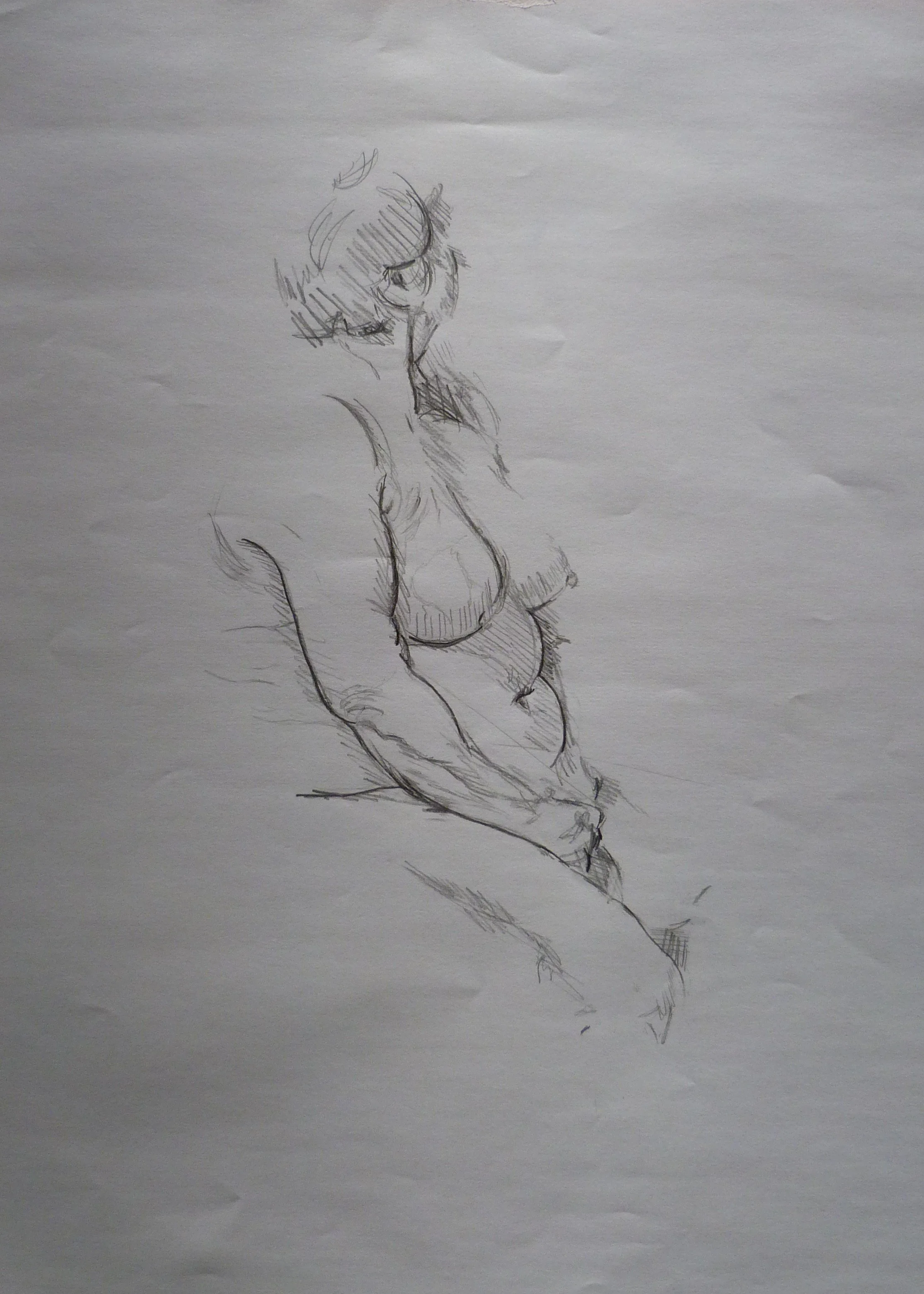 A pencil sketch of a woman with short hair, viewed in profile, with her eyes closed.