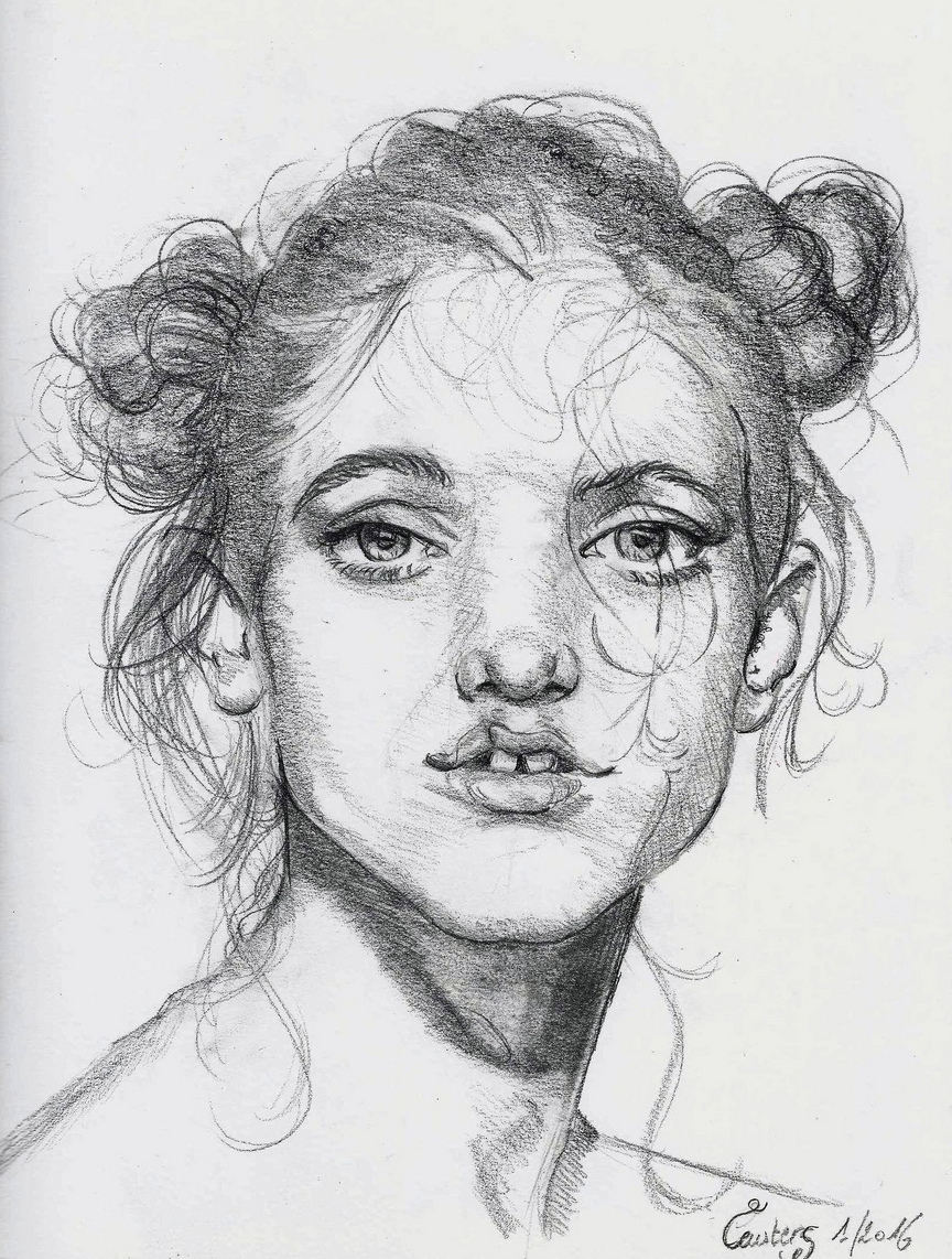 A pencil sketch of a young girl with curly hair styled in two buns, featuring prominent front teeth, slightly parted lips, and expressive eyes.