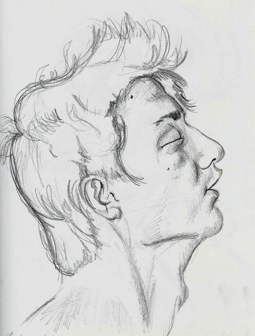 A pencil sketch of a person in profile with closed eyes, tousled hair, and a serene expression.