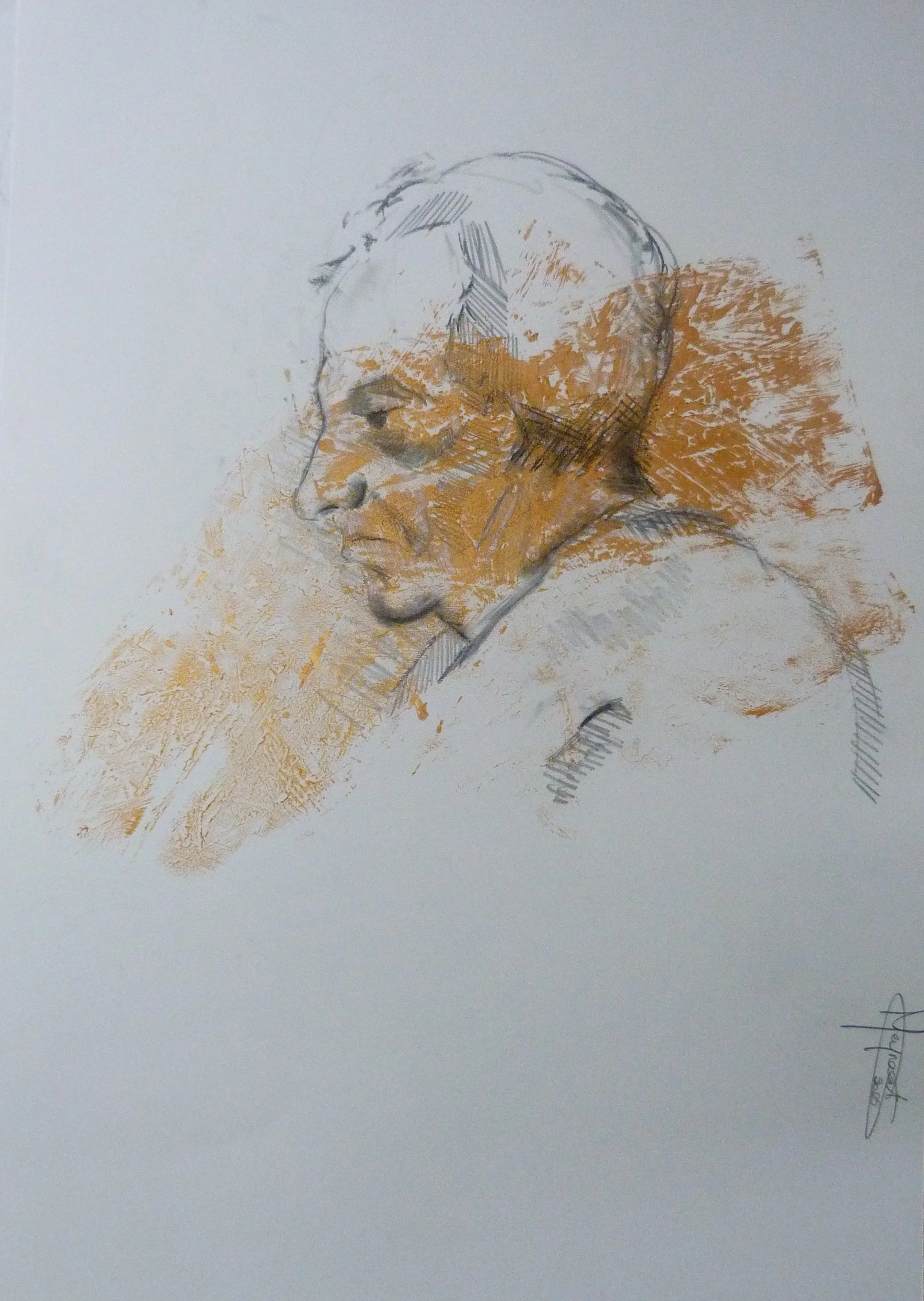 A sketch of a person's face in profile view with detailed shading, combined with rough brushstrokes of orange and yellow colors, and a signature in the bottom right corner.