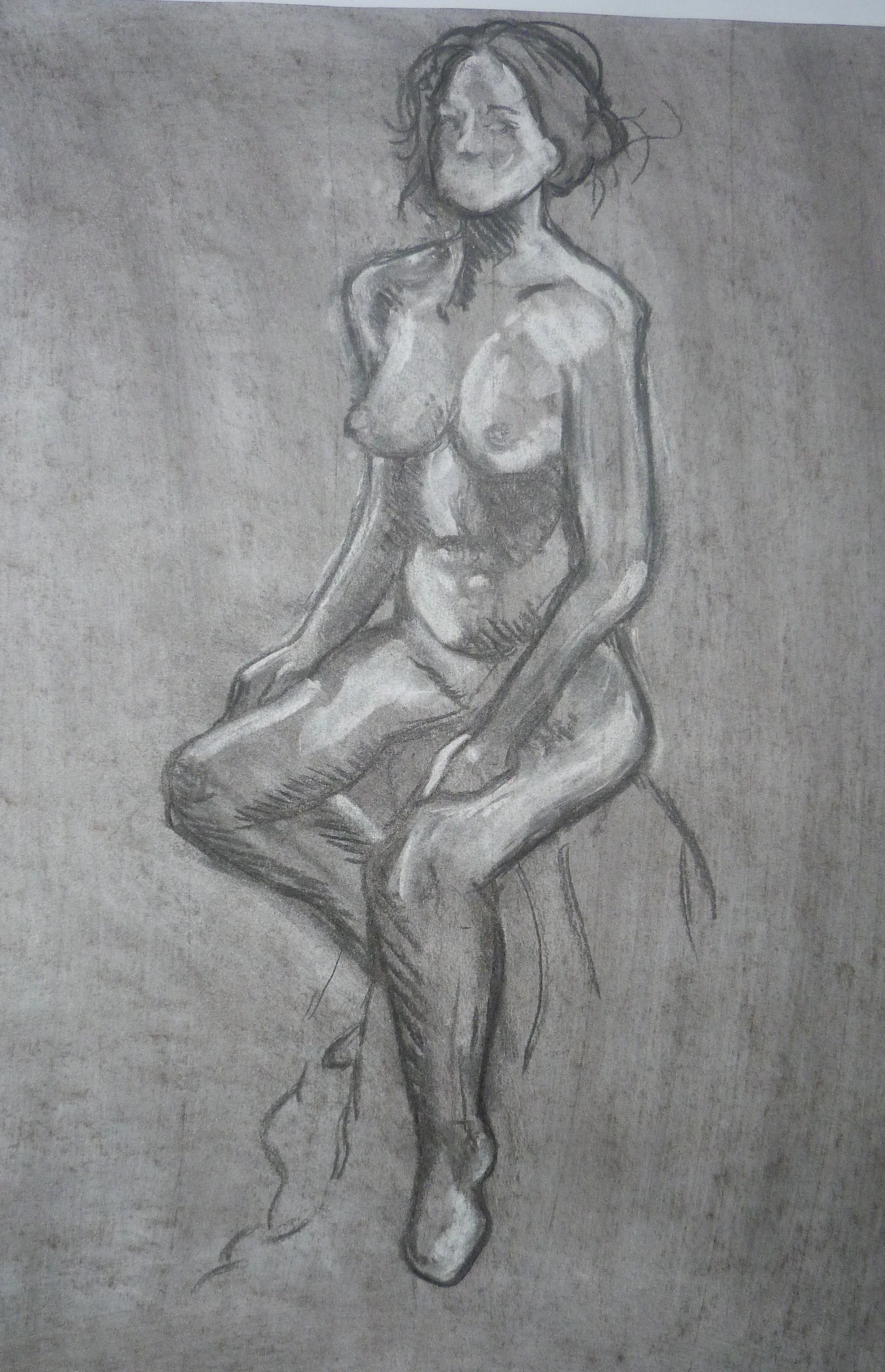 A grayscale sketch of a woman with short, wavy hair sitting on a chair, with her knees bent and one hand resting on her thigh.
