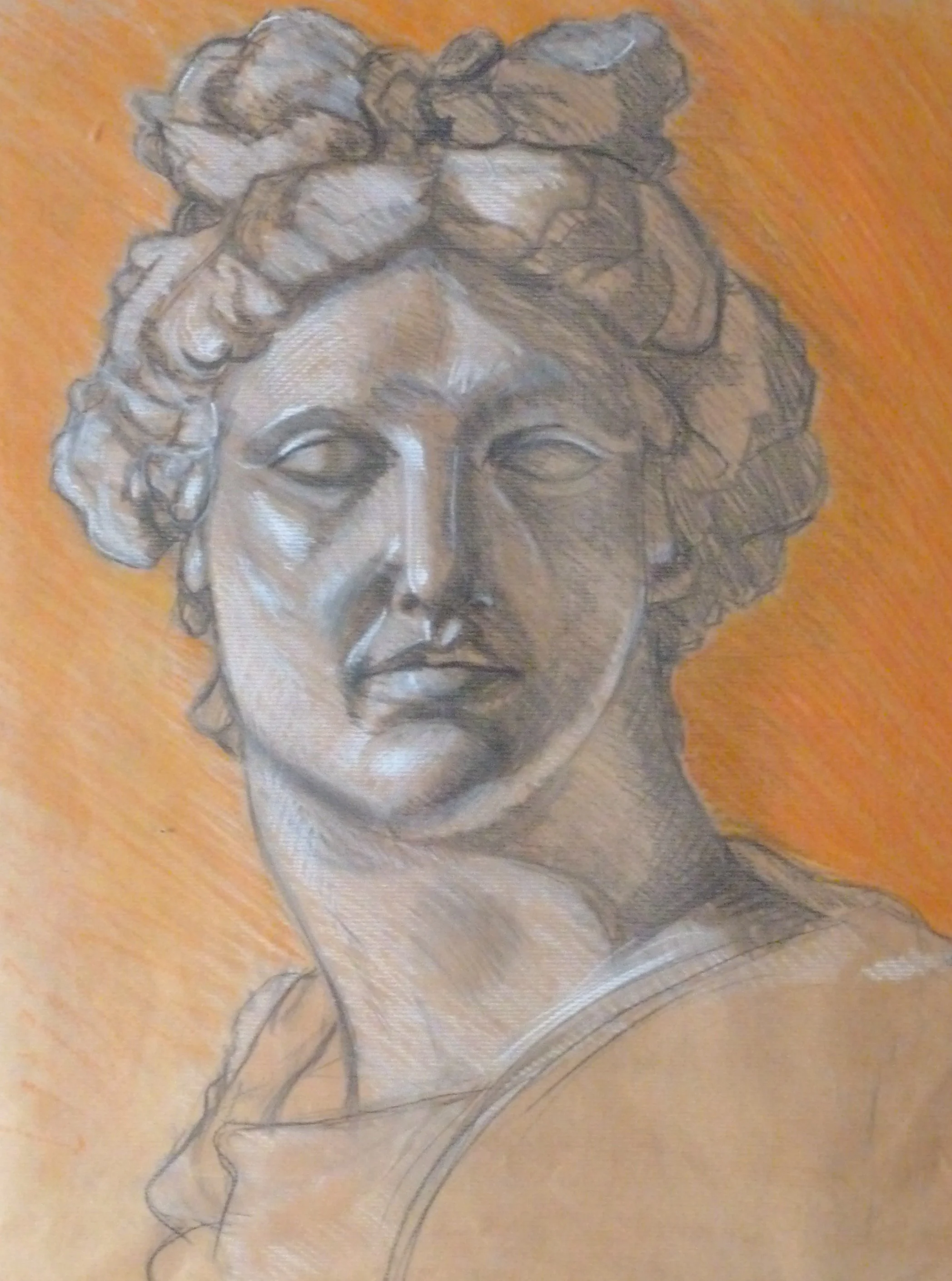 A detailed sketch of a person's face, focusing on the eyes, nose, lips, and curly hair, drawn with pencil on textured paper.