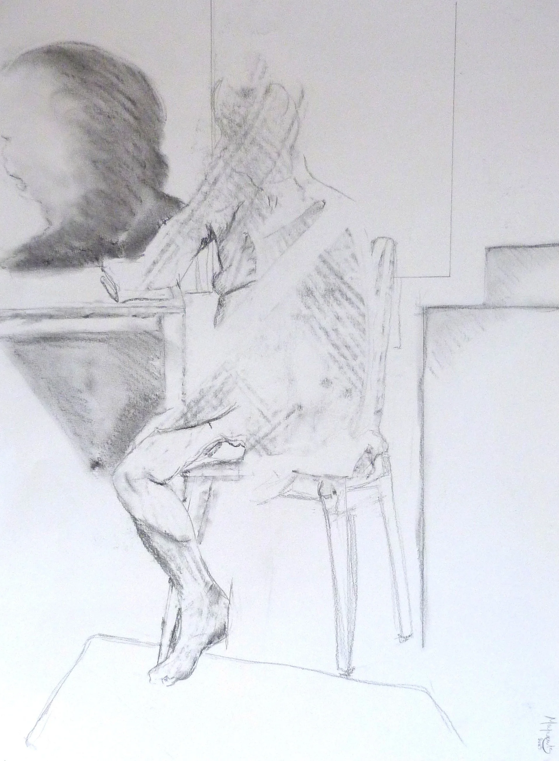 A pencil sketch of a woman sitting on a chair, with her legs crossed and her hand resting on her chin, facing left.